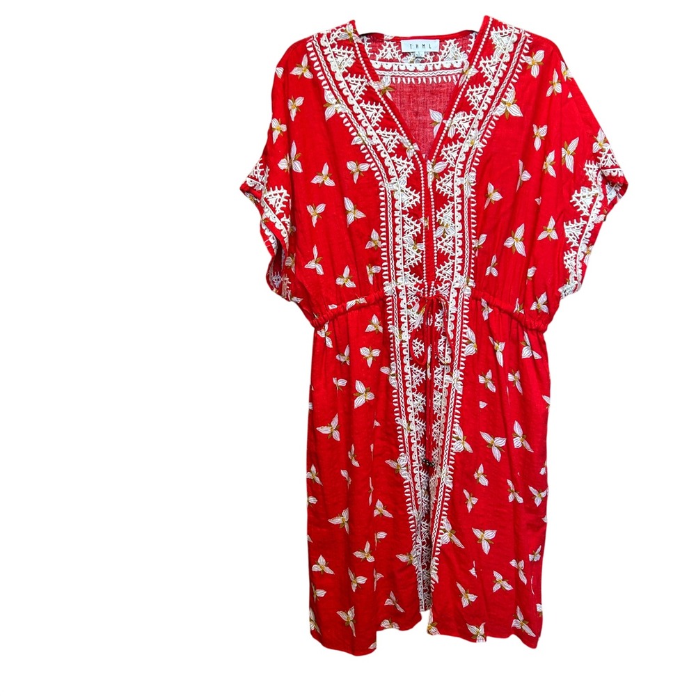 THML Red Embroidered Floral Mini Dress Women‎ Large V-Neck Drawstring THS0964-R